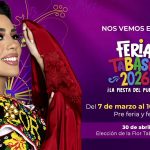 Comunicado visual oficial de la Feria Tabasco 2026 que presenta el calendario completo de actividades y los nombres de los artistas confirmados sobre un fondo ilustrado.