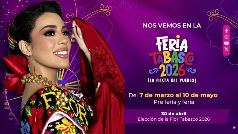 Comunicado visual oficial de la Feria Tabasco 2026 que presenta el calendario completo de actividades y los nombres de los artistas confirmados sobre un fondo ilustrado.