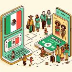Pasaporte brasileño junto a un smartphone que muestra la pantalla de confirmación de una visa electrónica para México, incluyendo un código QR, sobre un fondo de escritorio con un mapa.