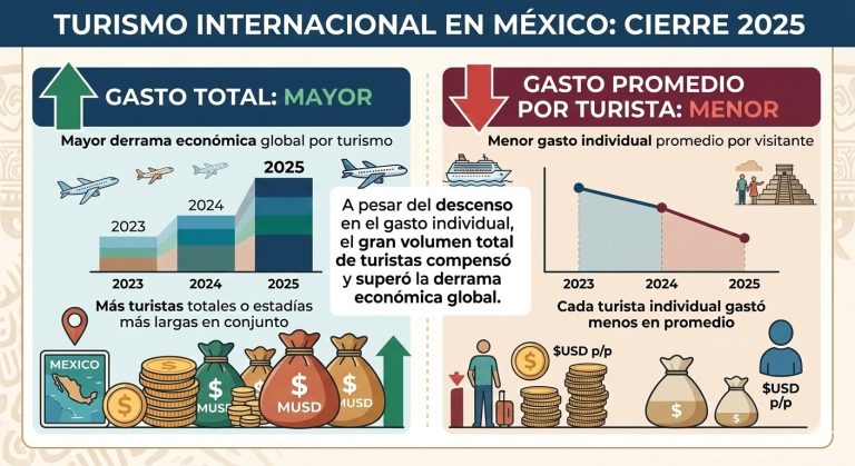 Gráfica comparativa del gasto total y gasto promedio del turismo internacional en México durante el cierre de 2025